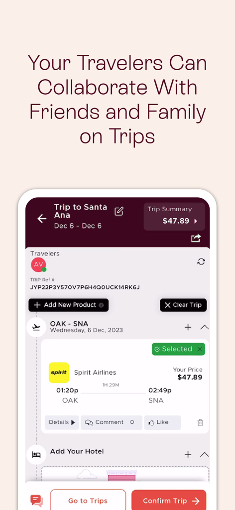 Mondee app interface showing trip collaboration features and flight booking details for a Santa Ana trip.