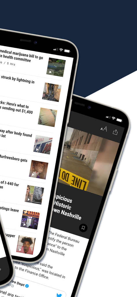 Mobile phone screens displaying the WKRN Nashville News 2 app with local news headlines and a featured story article.