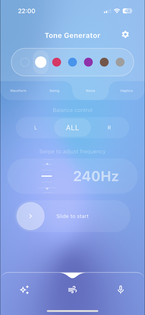 User interface of Speaker Wizard Tone Generator app with frequency set to 240Hz and balance control options