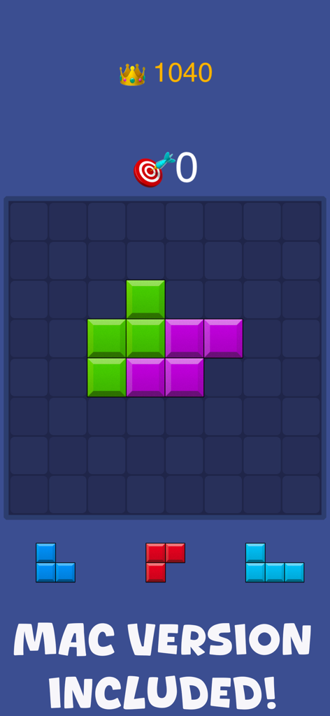 Block Blast for Watch - Gameplay screenshot of Block Blast puzzle game showing a grid with colorful blocks and Mac version included text