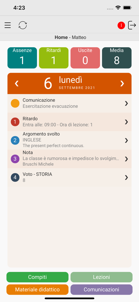 Axios Registro Elettronico ALU home screen displaying student attendance summary and daily school activities