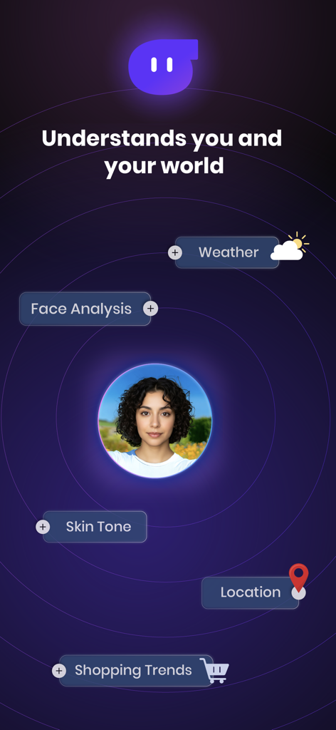 Glance - Shop with AI - Graphic showing how Glance AI analyzes personal and environmental factors like skin tone, weather, and location for fashion curation