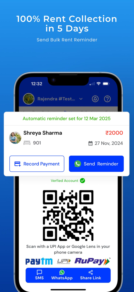 RentOk PG Hostel Flat Manager - Interface do aplicativo mostrando lembretes de aluguel automatizados e código QR de pagamento para gerenciamento de propriedades