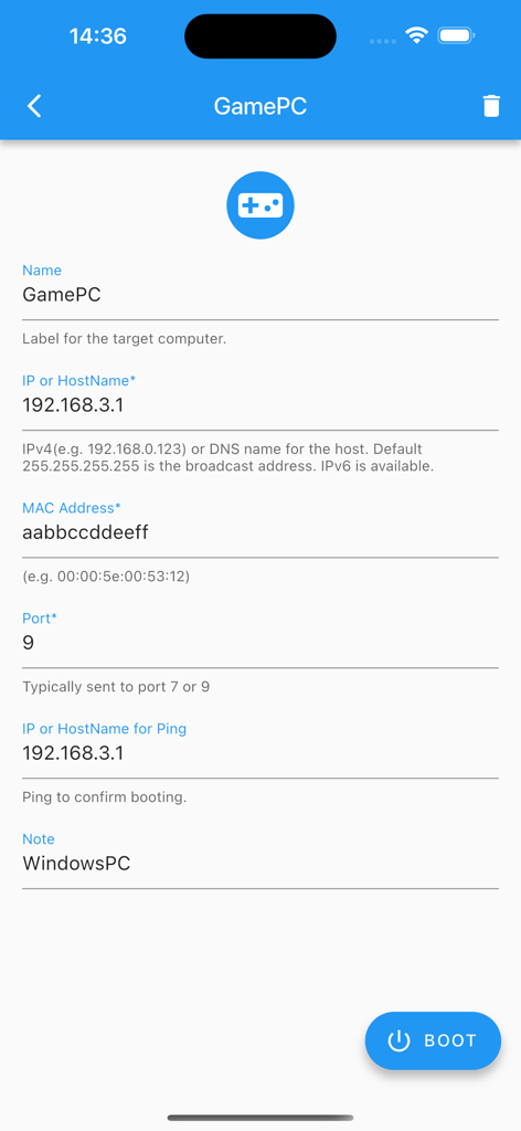 RemoteBoot Pro device configuration screen for Wake On Lan setup of a gaming PC