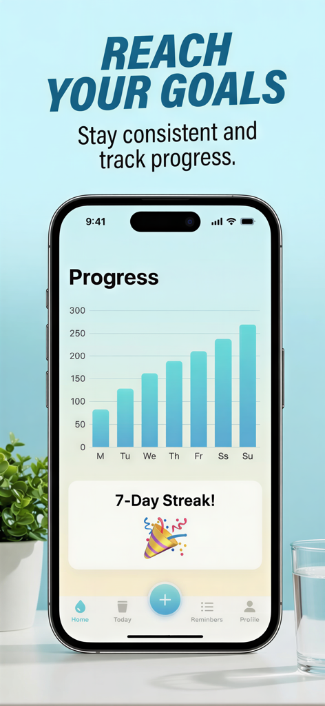 Water reminder & intake - WATR - Un smartphone que muestra la pantalla de progreso de la aplicación WATR con un gráfico de barras de hidratación semanal y un logro de racha de 7 días.