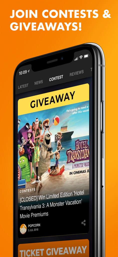 Popcorn: Movie showtimes - Popcorn movie app contest screen showing a giveaway for Hotel Transylvania 3 movie premiums