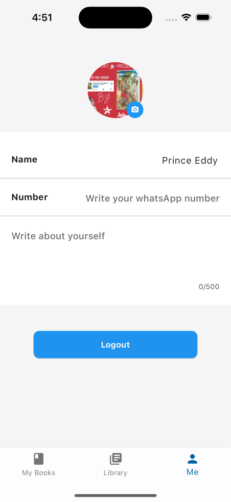 User profile interface of Boom Writer app showing author bio and account settings