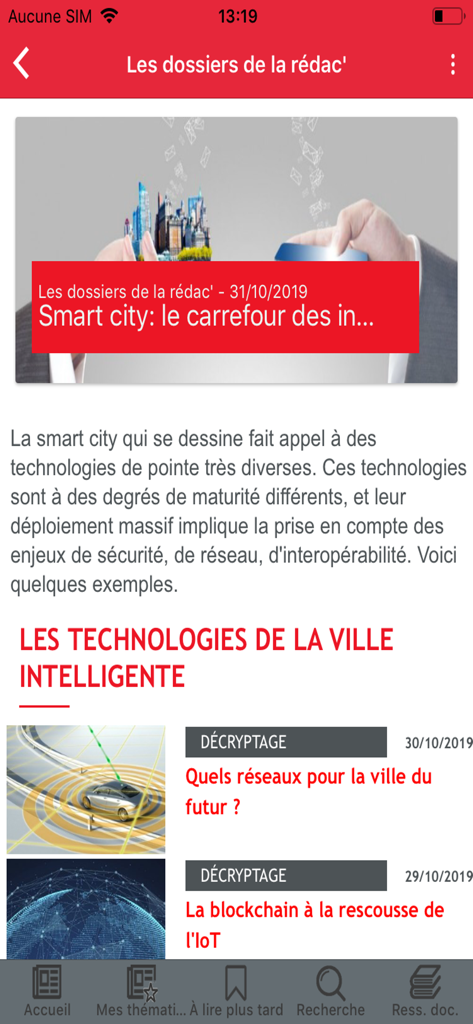 Techniques de l'Ingénieur mobile app displaying smart city and IoT technical articles.