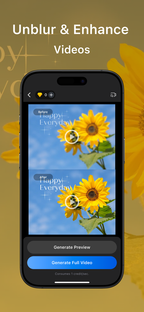 Unblur Image - AI Enhancer - AI 향상 앱을 사용하여 해바라기 동영상의 동영상 향상 전후를 보여주는 모바일 인터페이스.