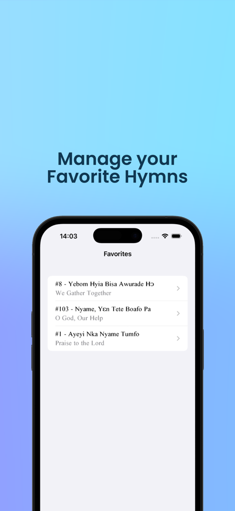Twi SDA Hymnal - Twi SDA Hymnal app screen showing a list of favorite hymns in both Twi and English languages