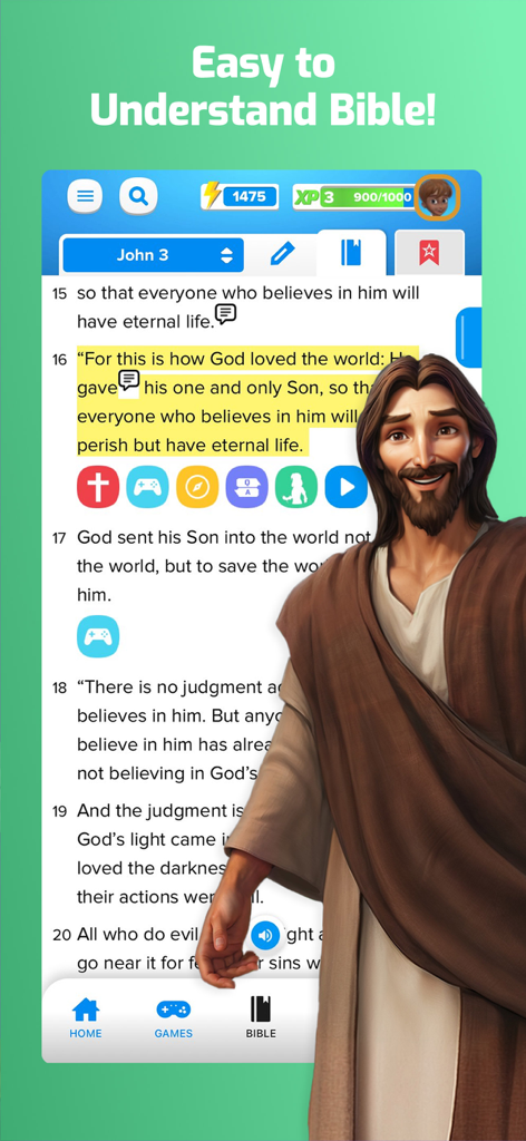The reading screen of the Superbook Kids Bible app featuring an animated character of Jesus next to highlighted scripture from John 3