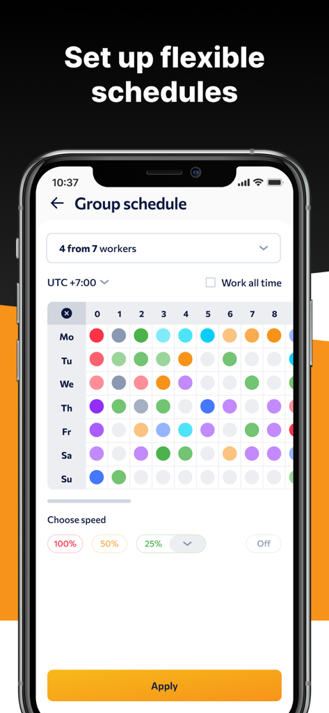 CT Farm - CT Farm mobile app interface for setting up flexible crypto mining schedules with a weekly grid and speed adjustment controls.