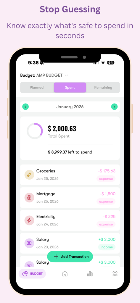 Money Tracker & Budgeting App - Painel de um aplicativo de orçamento mostrando o total gasto e uma lista de transações mensais