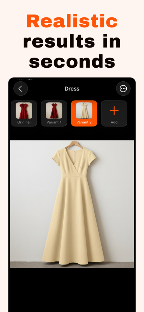 Mobile app interface of Fashion Tailor showing a realistic AI preview of a yellow dress variant