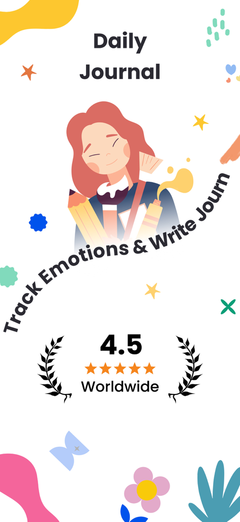 Mood Tracker & Daily Planner. - Schermata dell'app Daily Journal e mood tracker con un'illustrazione di una giovane donna e una valutazione globale di 4,5 stelle.