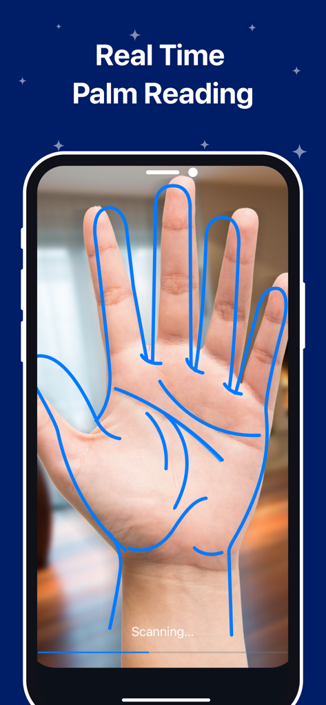 Horoscope & Astrology - Astro+ - 青い線が手をなぞるリアルタイムの手相スキャンを示すスマートフォンインターフェース