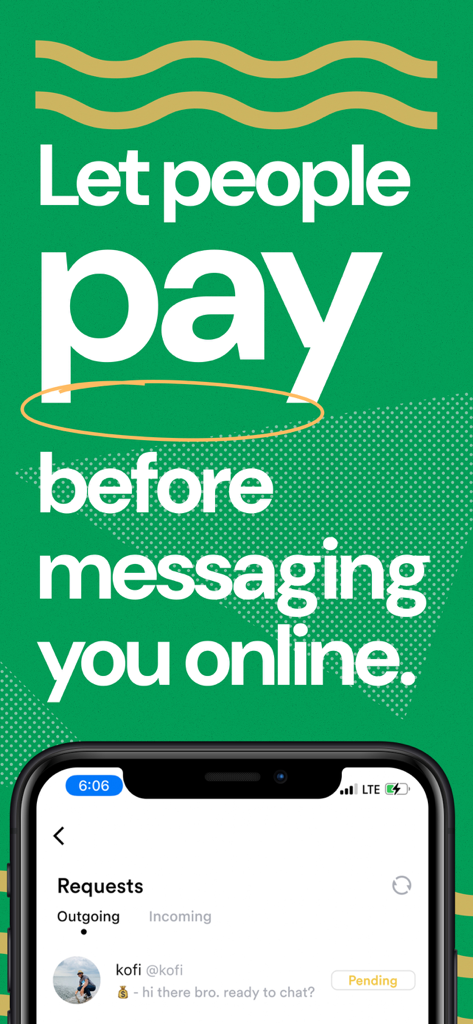 Make Money Chatting — Talkroom - Interfaz de la aplicación Talkroom mostrando una solicitud de chat pendiente y texto explicando cómo recibir pagos por mensajes