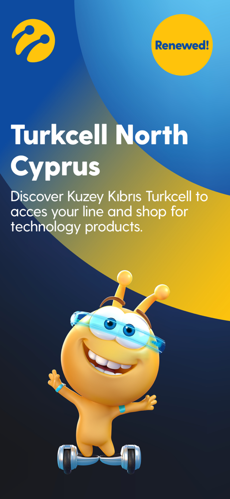 Turkcell North Cyprus - Splash screen of the Turkcell North Cyprus app featuring a yellow mascot character on a hoverboard