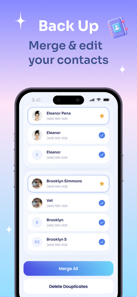 CleanApp Pro: Storage Cleaner - Interfaz de CleanApp Pro mostrando funciones de fusión y eliminación de contactos duplicados en un iPhone