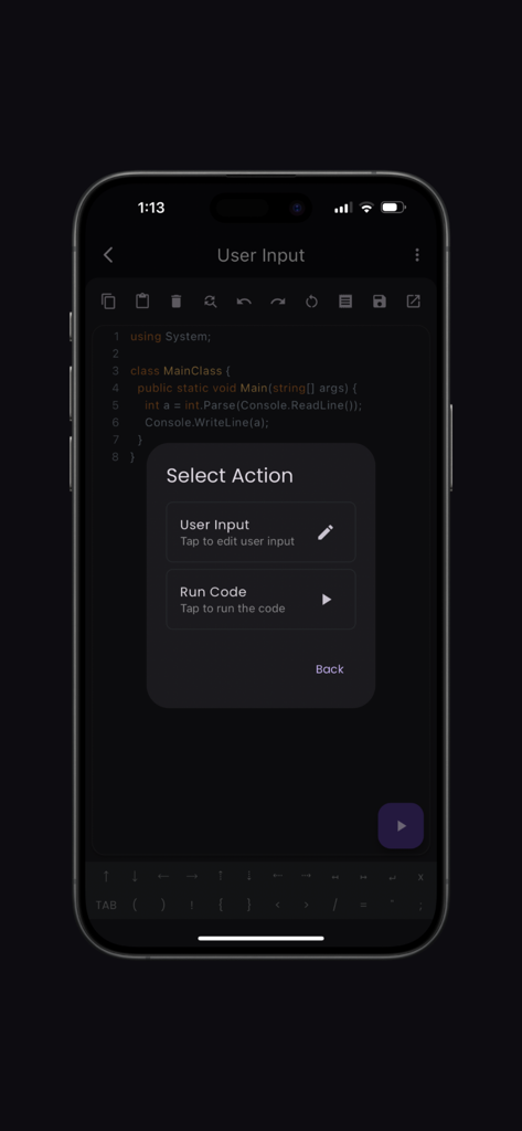 C# Compiler - C# Compiler mobile code editor showing a popup menu with Run Code and User Input options.