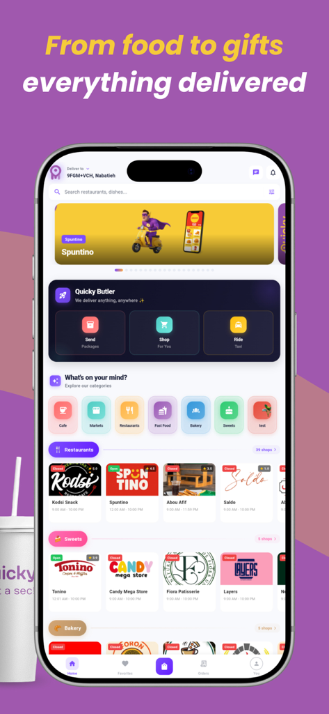 Quicky-Services - Quicky Services mobile app home screen showing various delivery categories like restaurants and bakery with local shop listings