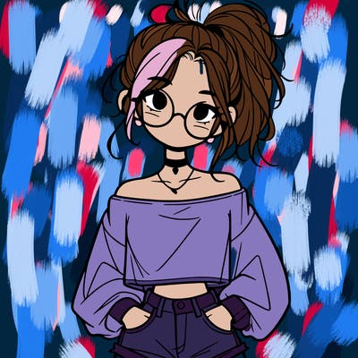 girl with a messy ponytail glasses a baggy crop top and jean shorts