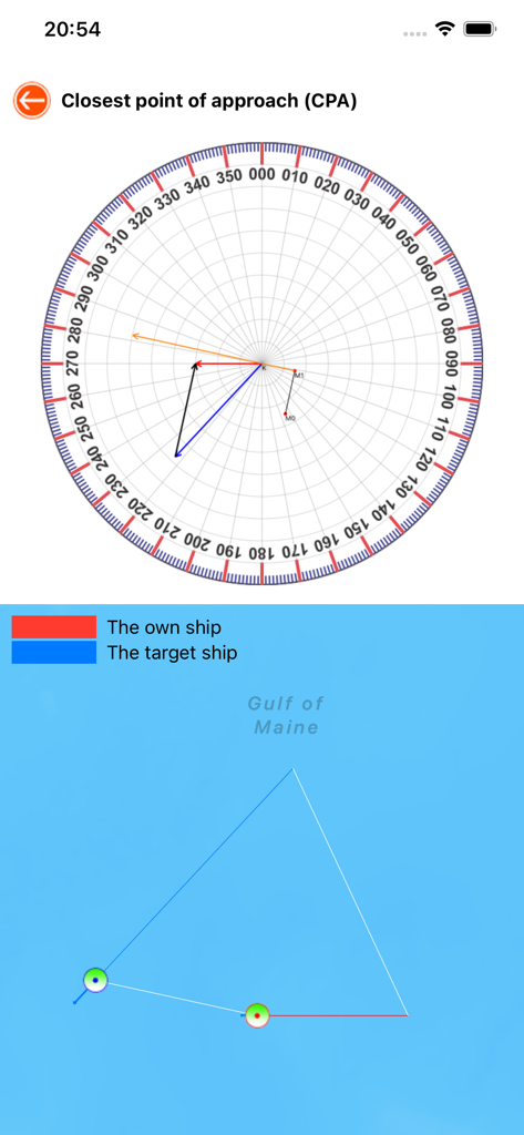Nautical Calculator Pro - Interface of the Nautical Calculator Pro app showing a Closest Point of Approach calculation with a maneuvering board and ship vectors