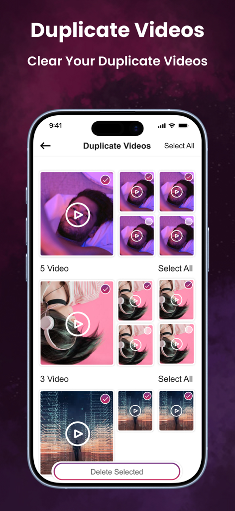 Phone Cleaner - Storage Clean - Interfaz de la aplicación Phone Cleaner que muestra grupos de videos duplicados seleccionados para su eliminación