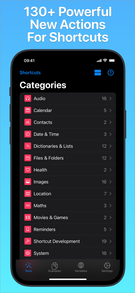 Toolbox Pro for Shortcuts - Toolbox Pro 앱 인터페이스로 오디오, 캘린더, Health를 포함한 Apple Shortcuts용 다양한 카테고리의 액션을 표시합니다.