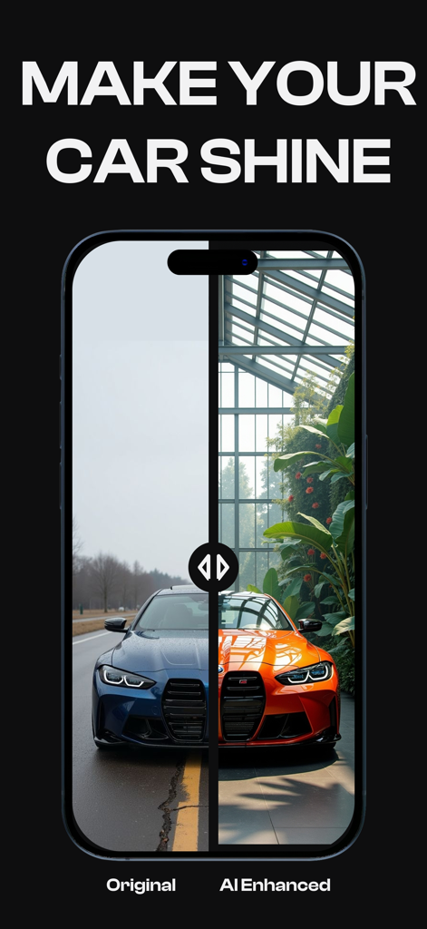 Car Editor - Customize Car - Confronto a schermo diviso che mostra un'auto blu originale e un'auto arancione migliorata dall'IA per dimostrare la qualità dell'editing fotografico