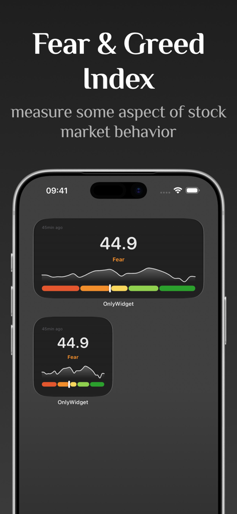OnlyWidget: Minimalist Widget - Pantalla de inicio de iPhone con OnlyWidget mostrando widgets minimalistas del índice de miedo y codicia del mercado de valores