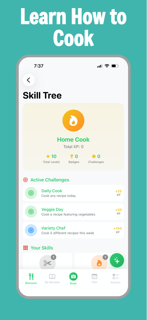 Mobile app interface showing a cooking skill tree with challenges and user progress tracking