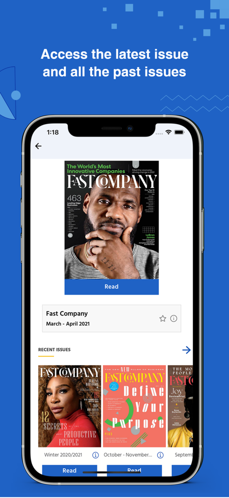 Fast Company誌の現在号と過去号にアクセスできるMagzter Libraryアプリのスマートフォン画面。