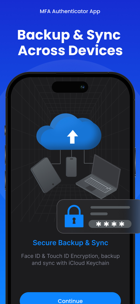 MFA-2FA Authenticator,OTP,Auth - Interfaz de la app MFA 2FA Authenticator mostrando copia de seguridad y sincronización seguras entre dispositivos con Face ID e iCloud