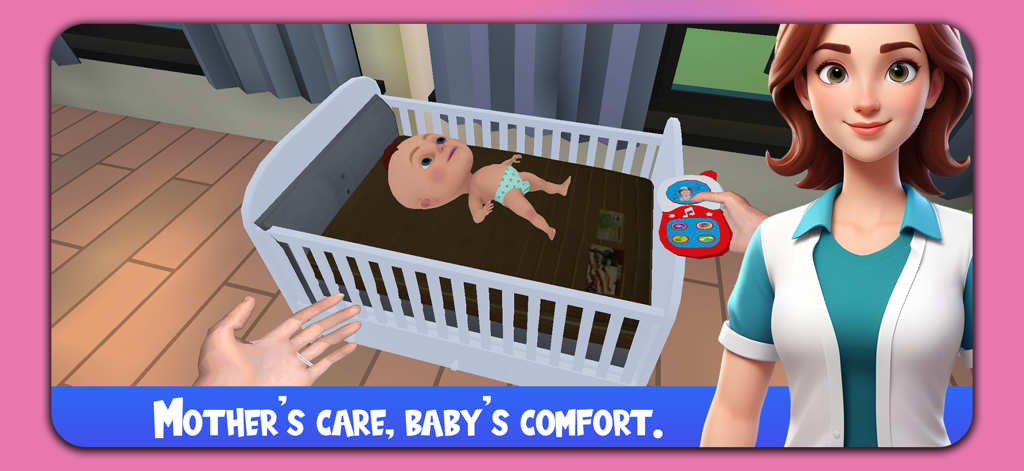 Mother Simulator : Real Mom - A virtual mother character stands next to a baby sleeping in a white crib within a nursery setting.