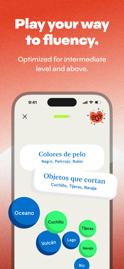 Unedo: Spanish Games + Stories - Unedo mobile app screen with Spanish word sorting puzzles for intermediate speakers