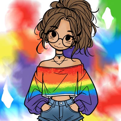 girl with a messy ponytail glasses a baggy crop top and jean shorts