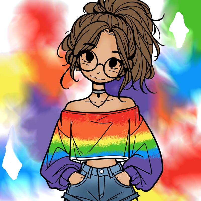 girl with a messy ponytail glasses a baggy crop top and jean shorts