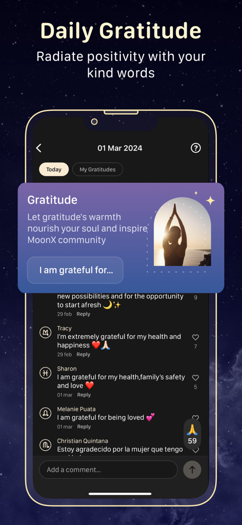 Moon Calendar — MoonX - MoonXアプリのスクリーンショット、毎日の感謝機能とユーザーがポジティブなアファメーションを共有するコミュニティフィードが表示されています