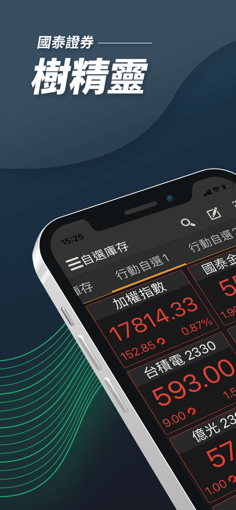 國泰證券 樹精靈 - Cathay Securities Tree Wizard app showing real-time stock market quotes and TAIEX index on a smartphone
