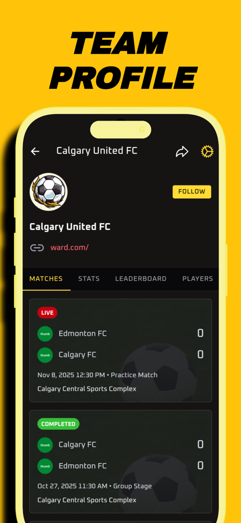 ScoreMyGoal - Football Scoring - ScoreMyGoal app displaying a soccer team profile with live and completed match scores