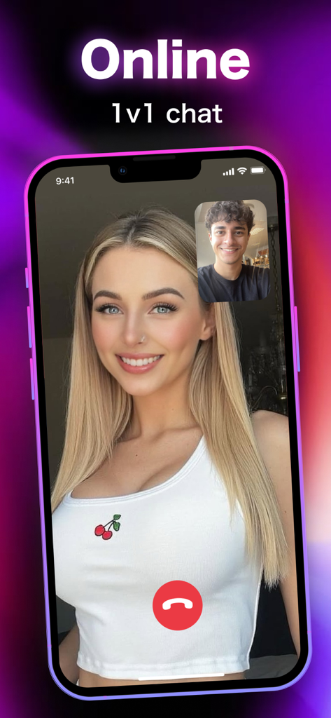 Rock - Video Chat & Live Call - Rock 앱의 인터페이스, 두 사용자 간의 1:1 라이브 영상 채팅 세션을 표시