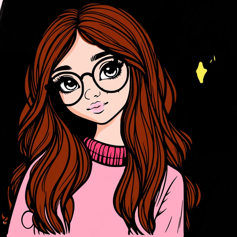 girl with long hair and freckles and realistic glasses
