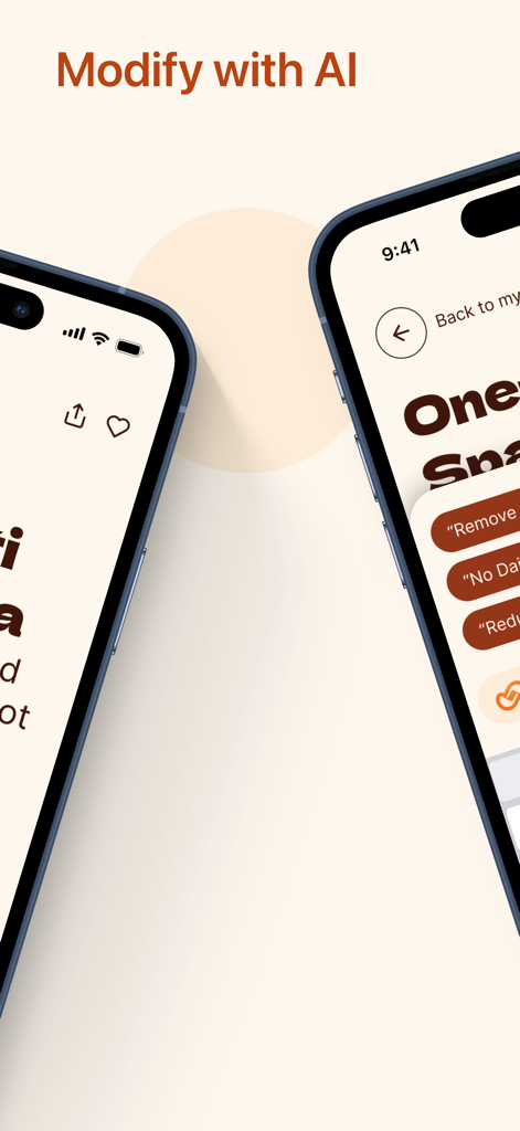 Captura de pantalla de iPhone de la aplicación Ladle mostrando opciones de modificación de recetas con IA para restricciones dietéticas