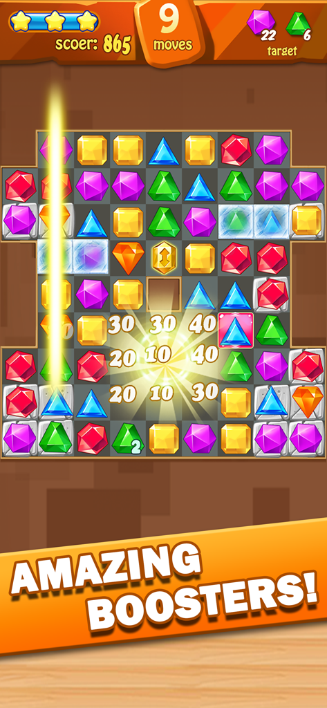 Juego de Jewel Fever de combinar 3 que muestra gemas coloridas y efectos de potenciadores especiales.