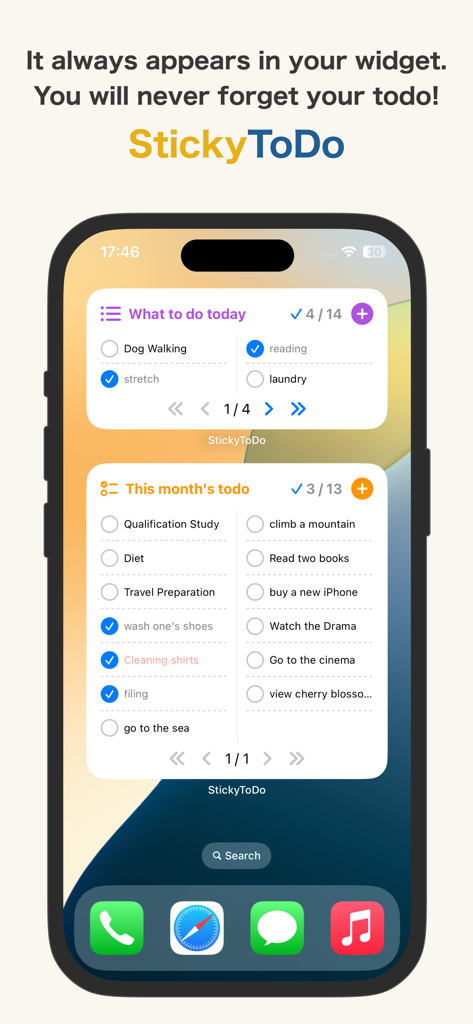 iPhoneのStickyToDoウィジェット。デイリーおよびマンスリーのタスクリストが表示されています。