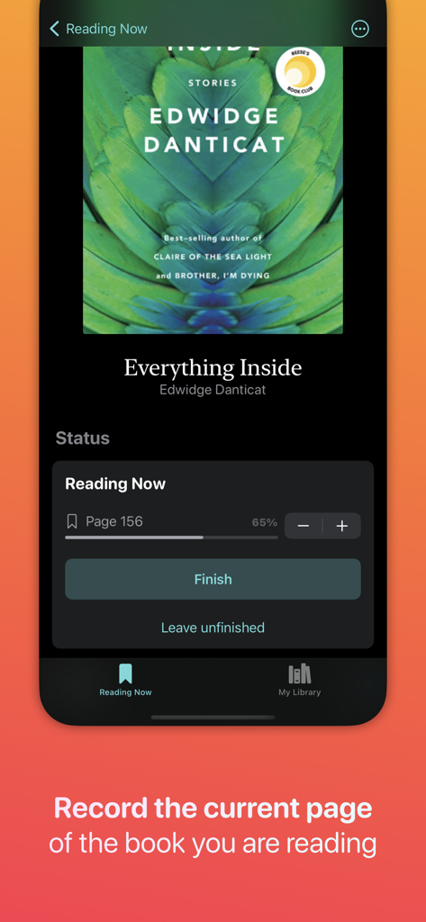 Home Library Manager - Leto - Reading progress tracker in the Leto app showing current page and percentage for a book