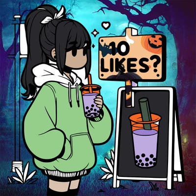 girl with oversized hoodie drinking boba and she has a high ponytail with a sign that says 10likes?