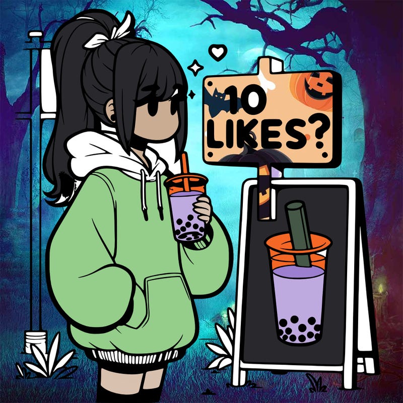 girl with oversized hoodie drinking boba and she has a high ponytail with a sign that says 10likes?