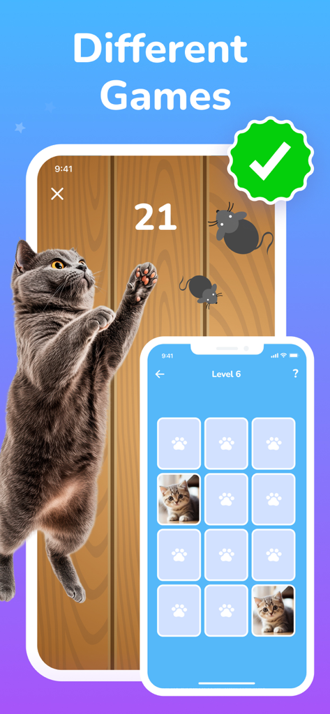 Cat Simulator - Сhat Meow - Two mobile game screens from the Cat Simulator app showing a cat catching digital mice and a kitten memory matching game.